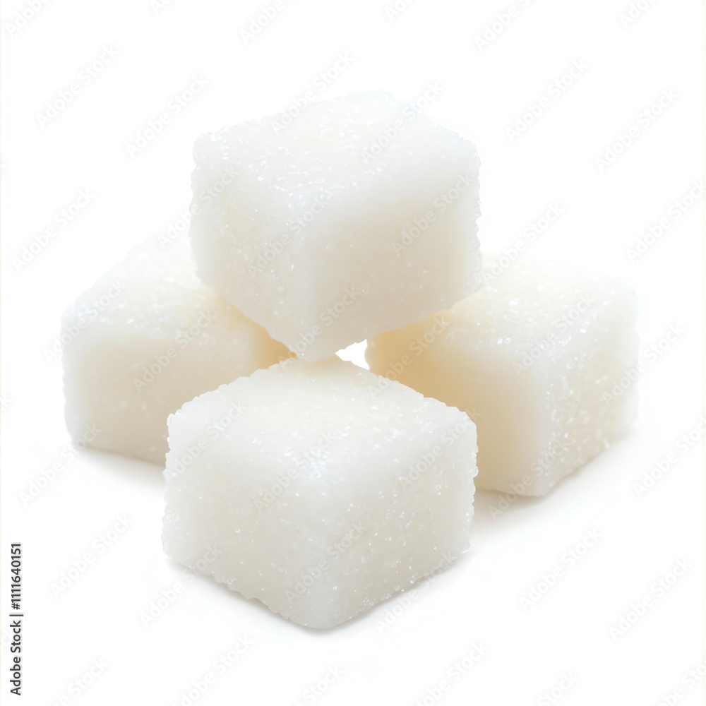 Four white sugar cubes stacked on top of each other on a white background. Four white sugar cubes stacked on top of each other on a white background.