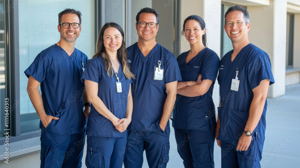 group of smiling medical professionals in blue scrubs outside building group of smiling medical professionals in blue scrubs outside building