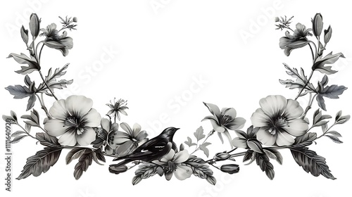 Monochrome floral frame with bird and leaves.