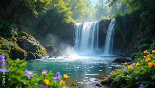 Cascading Waterfall Surrounded by Lush Green Forest and Flowers