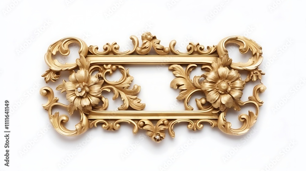 Gold ornate rectangular frame with floral and scroll details, isolated on white. Gold ornate rectangular frame with floral and scroll details, isolated on white.