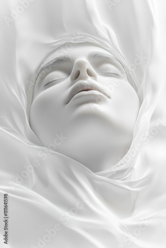 Serene face, eyes closed, draped in white fabric.