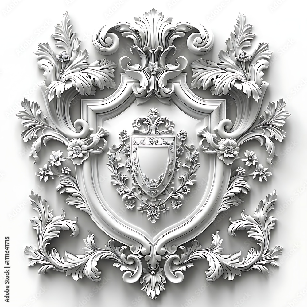 Elegant white 3D rendered heraldic crest with ornate shield and floral scrollwork, isolated on white background. Elegant white 3D rendered heraldic crest with ornate shield and floral scrollwork, isolated on white background.
