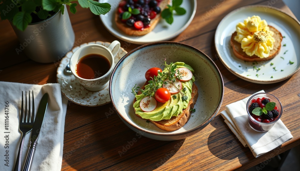 Elegant Flat Lay of Rustic Breakfast Featuring Avocado Toast and Espresso Elegant Flat Lay of Rustic Breakfast Featuring Avocado Toast and Espresso