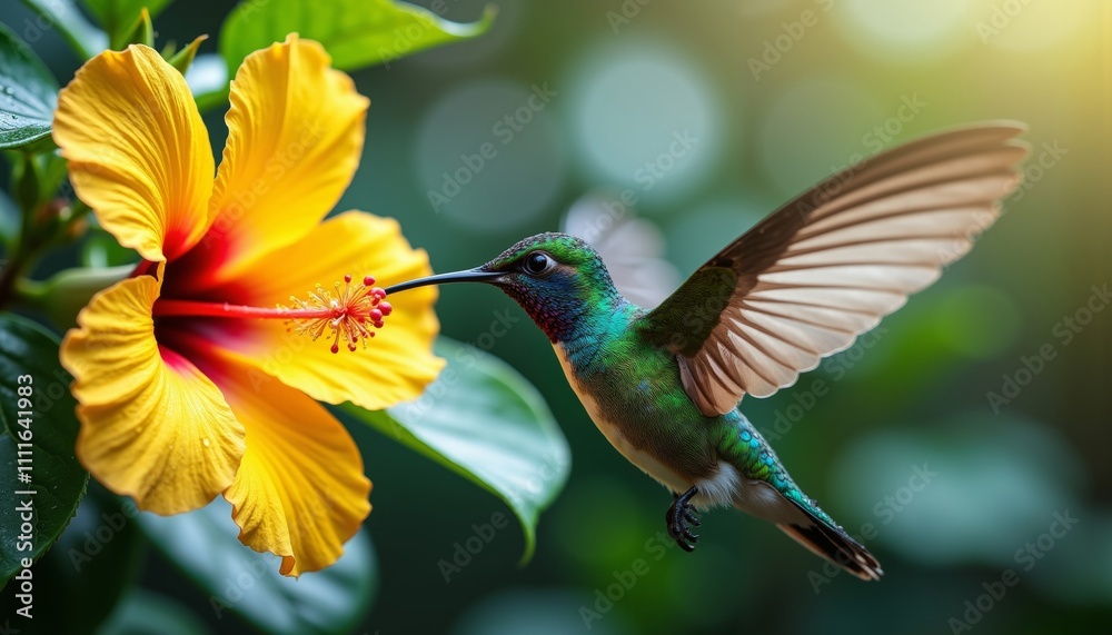 Obraz premium Close-up of Vibrant Hummingbird Hovering Near Yellow Hibiscus Flower
