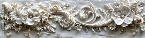 Elegant white floral and scroll design relief.