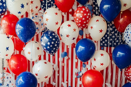 Elegant red, white, and blue balloon decorations with American flags for Presidents Day celebrations, perfect for themed events, flyers, and promotional materials. photo