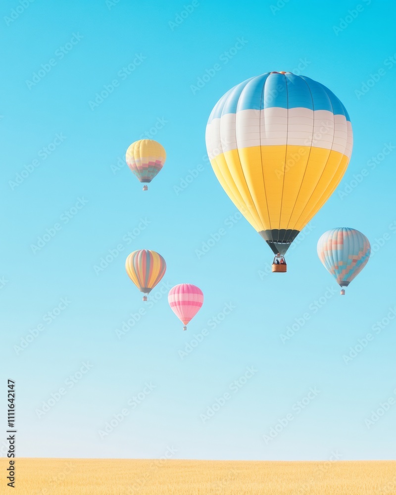Fototapeta premium Colorful Hot Air Balloons Soaring at Sunrise in an Open Field