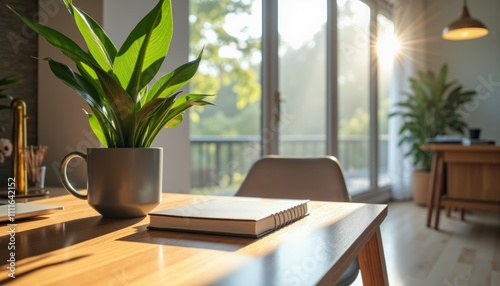 Elegant Workspace with Desk  Snake Plant  and Natural Light