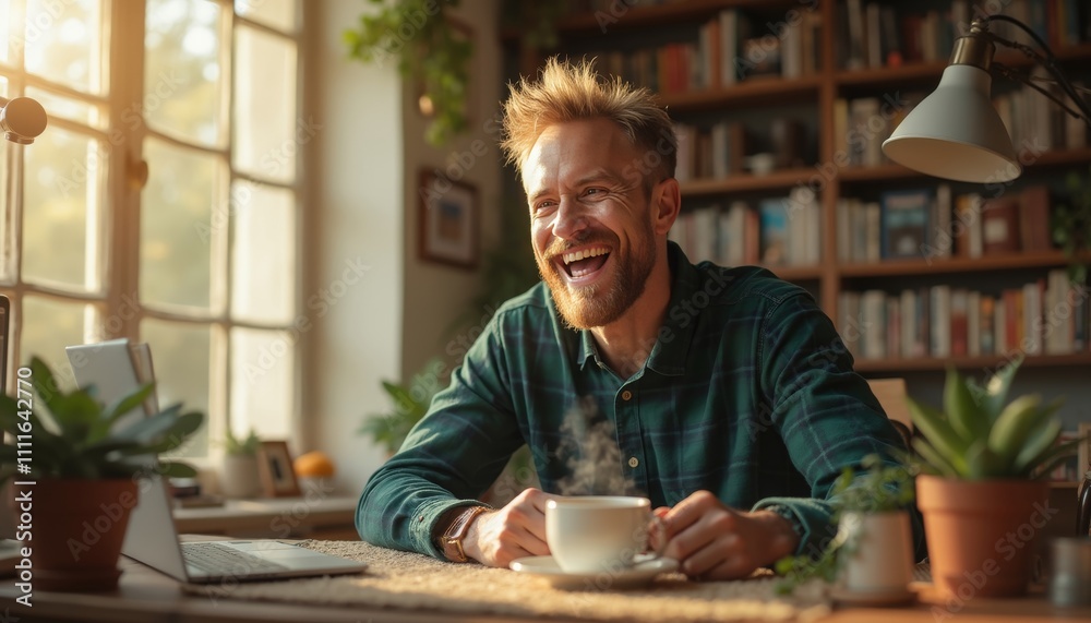 Cozy Home Office with Happy Man Enjoying Video Call Cozy Home Office with Happy Man Enjoying Video Call