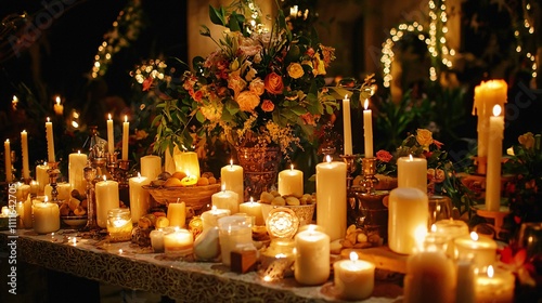 Saint Anthony's Day features a captivating display of candles, elaborate altars, and traditional dishes on a beautifully arranged table photo