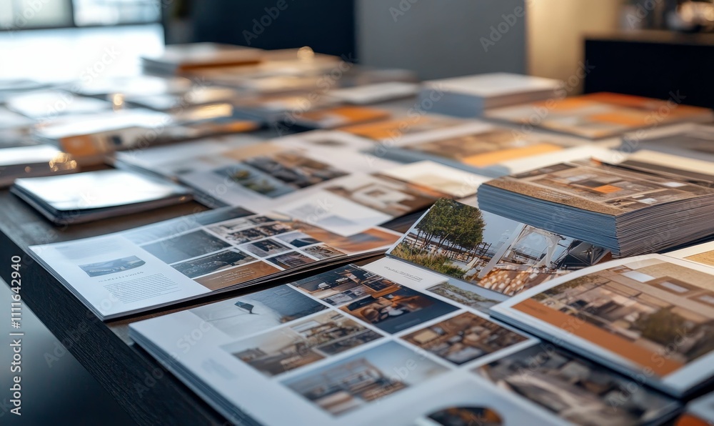 Table of brochures, showcasing interior design. Table of brochures, showcasing interior design.