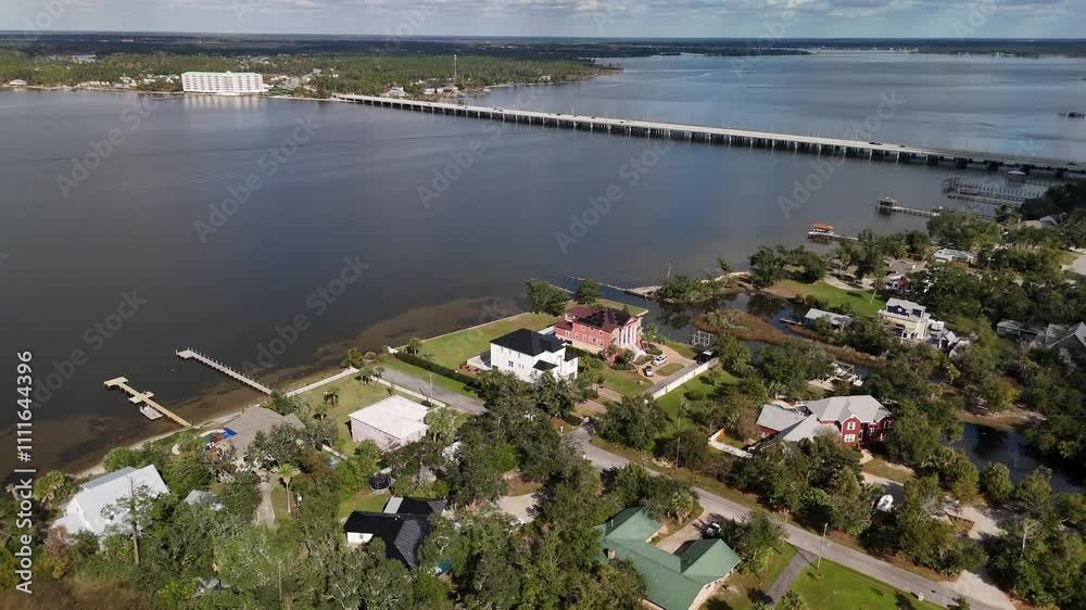 Aerial View Of Waterfront Community Of Lynn Haven With Bailey Bridge In Florida, USA. Aerial View Of Waterfront Community Of Lynn Haven With Bailey Bridge In Florida, USA.