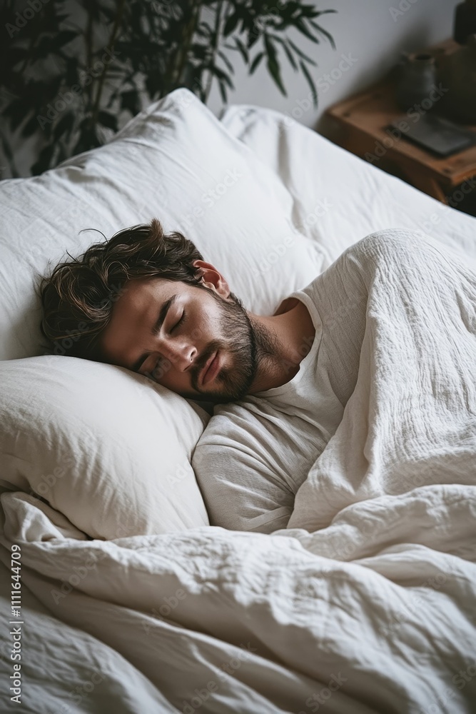 Man peacefully sleeps under white bedding. Man peacefully sleeps under white bedding.