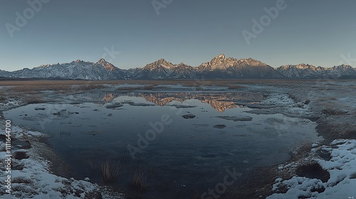 Serene mountain landscape reflecting in a tranquil water body at dusk.