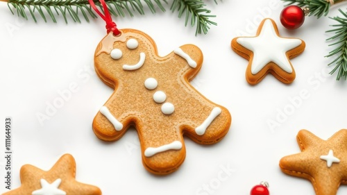 Gingerbread cookie cutout with glossy icing isolated on white background for Christmas decoration, Christmas, treat