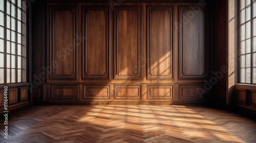 Sunlit room with rich dark wood paneling and herringbone floors. Ideal for elegant  classic  or luxurious designs.