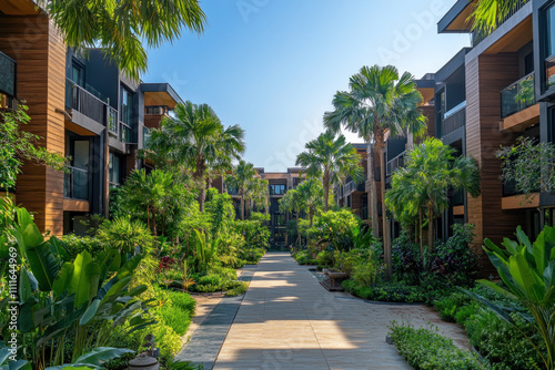 Walkway leading to apartment buildings at resort, lined with lush green trees under a clear blue sky on a sunny day.