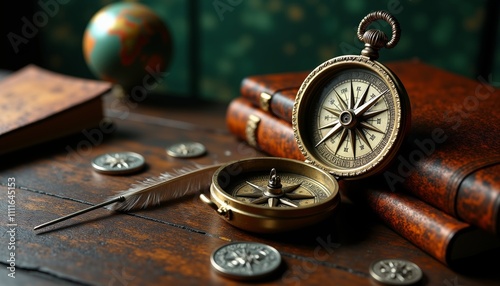 Vintage Brass Compass on Dark Mahogany Table with Journals and Coins