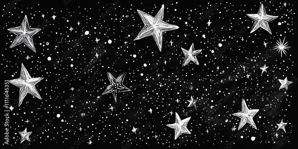 Hand drawn black and white illustration of stars in the night sky with a Milky Way like streak of stars. Hand drawn black and white illustration of stars in the night sky with a Milky Way like streak of stars.