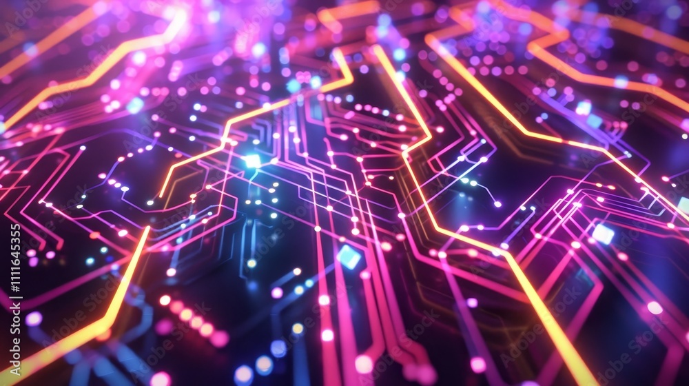 Glowing lines and dots form a complex circuit board in vibrant colors, hinting at futuristic technology and seamless data flow Glowing lines and dots form a complex circuit board in vibrant colors, hinting at futuristic technology and seamless data flow