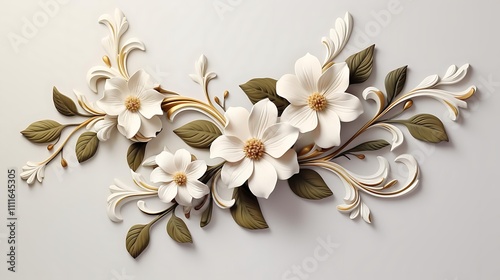 Elegant white and gold floral arrangement with 3D effect.