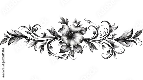 Monochrome floral design element with swirls and leaves, perfect for invitations, cards, or decorations.