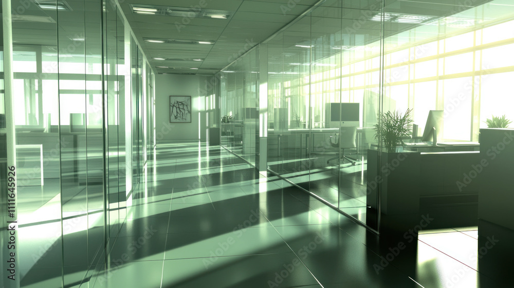 Bright modern office interior with glass walls and workstations. Bright modern office interior with glass walls and workstations.