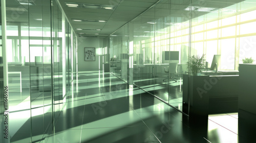 Bright modern office interior with glass walls and workstations.