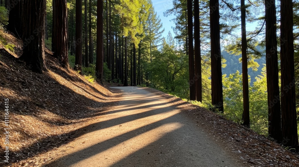 Obraz premium A serene forest trail with sunlight streaming through tall trees, peaceful and rejuvenating walk in nature