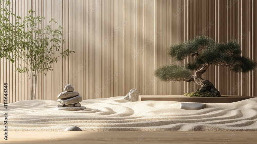 Serene zen garden with sand, rocks, bonsai tree, and bamboo. Serene zen garden with sand, rocks, bonsai tree, and bamboo.