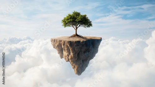 A surreal image of a tree growing on a floating island in the sky, imaginative and dreamlike photo