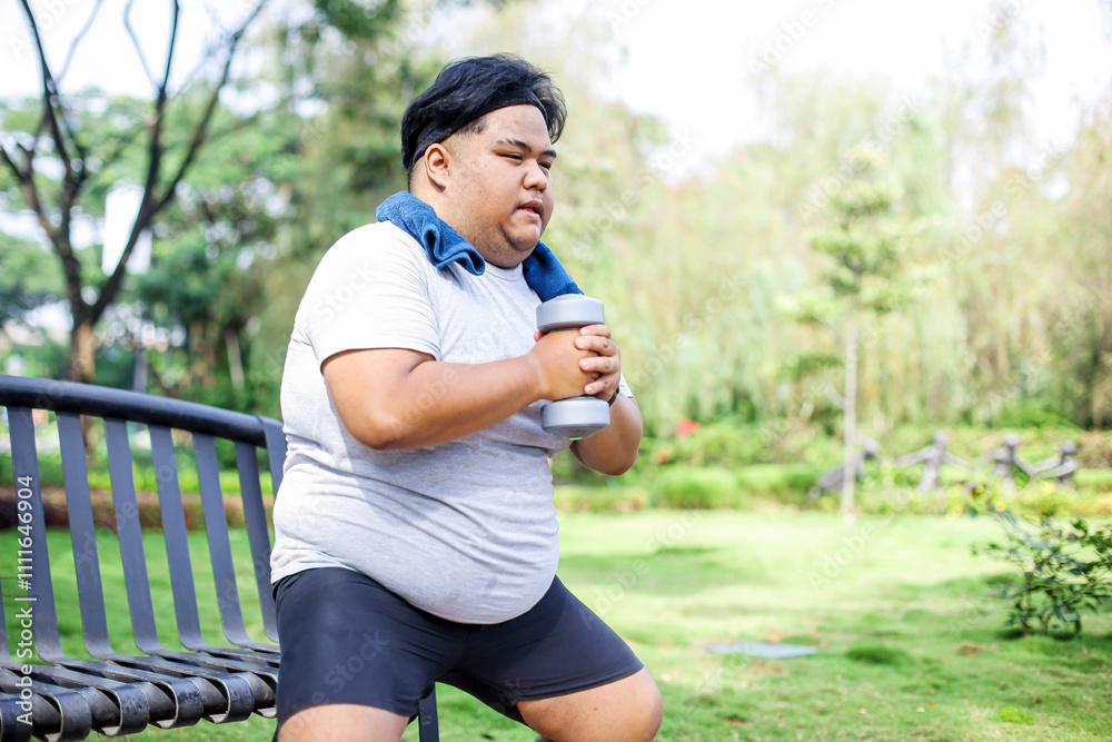 Overweight Man in Sportswear Doing Exercise With Hold Up Dumbbell in The Park
Overweight Man in Sportswear Doing Exercise With Hold Up Dumbbell in The Park