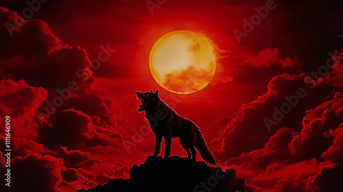 dark apocalyptic scene of the wolf Fenrir devouring the sun in a blood-red sky. photo