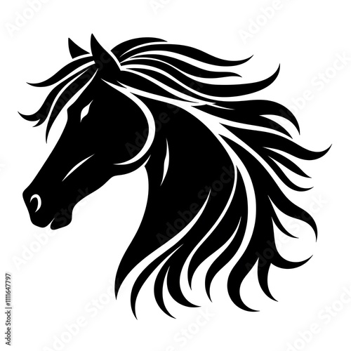 Black silhouette of a horse's head with flowing mane. photo