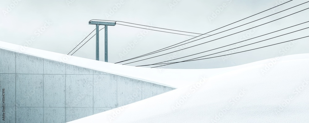Minimalist view of a towering power line against a stark white sky symbolizing energy transmission infrastructure and industrial design Minimalist view of a towering power line against a stark white sky symbolizing energy transmission infrastructure and industrial design