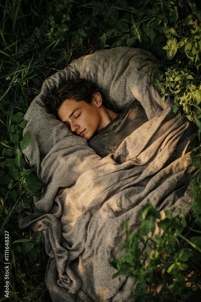Obraz premium Person sleeping soundly, wrapped in fabric, amidst greenery.