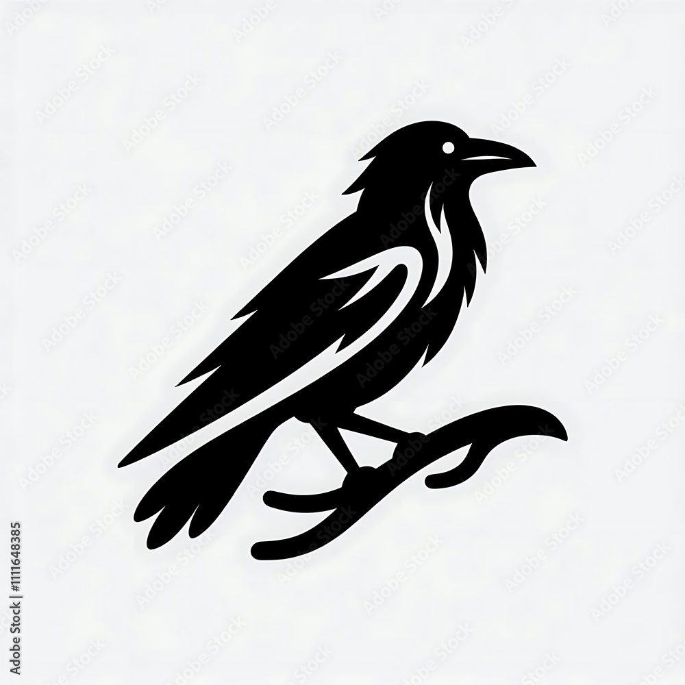 Fototapeta premium Black silhouette of a bird perched on a branch.