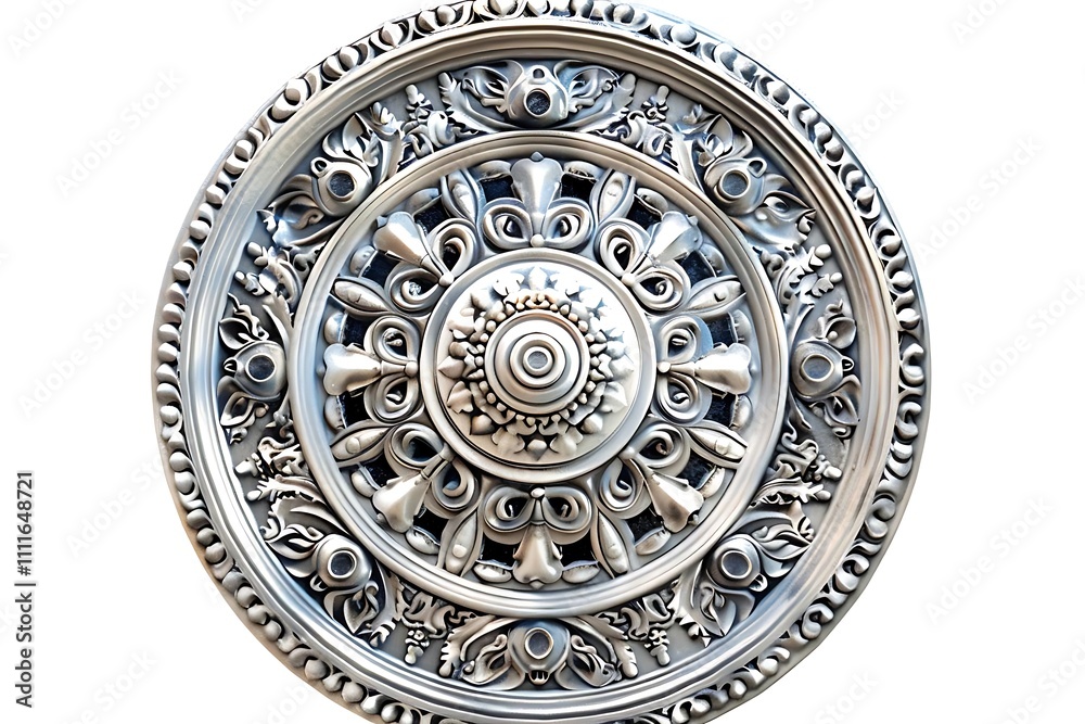 Ornate silver rosette ceiling medallion with intricate floral and geometric designs. Ornate silver rosette ceiling medallion with intricate floral and geometric designs.