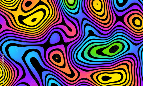Groovy psychedelic wave background for banner design. Retro 60s 70s psychedelic pattern. Modern wave retro abstract design. Rainbow 60s, 70s