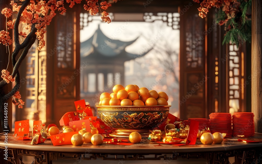 An elegant arrangement of golden fruits and decorative items, symbolizing prosperity and good fortune in a serene Asian-inspired setting, highlighting cultural traditions and aesth An elegant arrangement of golden fruits and decorative items, symbolizing prosperity and good fortune in a serene Asian-inspired setting, highlighting cultural traditions and aesth