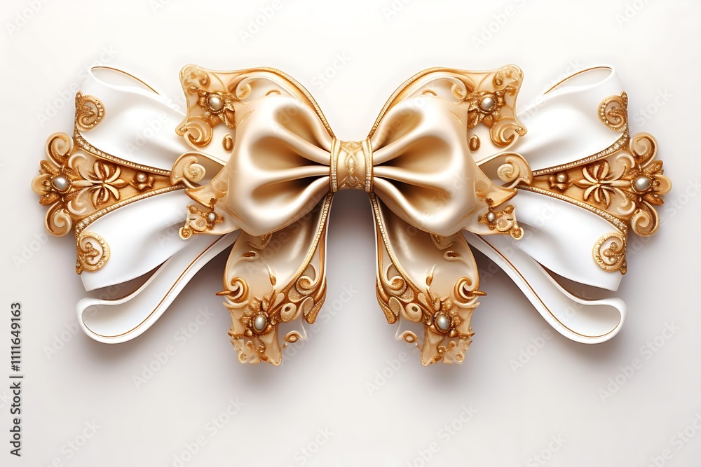 Elegant gold and white ornate ribbon bow. Elegant gold and white ornate ribbon bow.