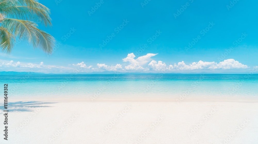 Tropical Paradise Beach with Clear Turquoise Waters and Swaying Palm Trees under a Bright Sky