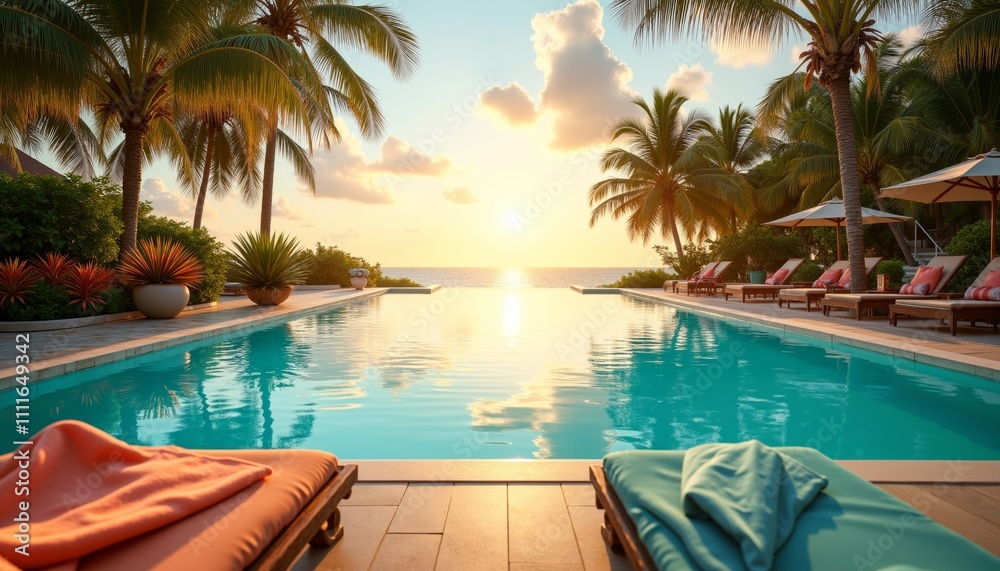 Obraz premium Serene Beach Resort Scene with Turquoise Pool under Sunset Glow
