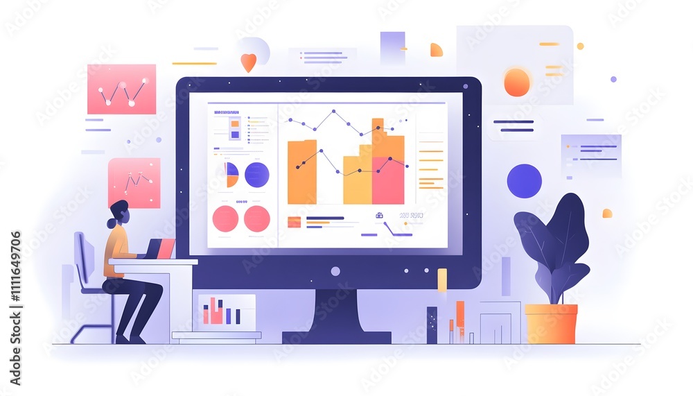 A digital workspace showcasing a person analyzing data on a large monitor, surrounded by graphs and charts, illustrating modern business and technology concepts. A digital workspace showcasing a person analyzing data on a large monitor, surrounded by graphs and charts, illustrating modern business and technology concepts.