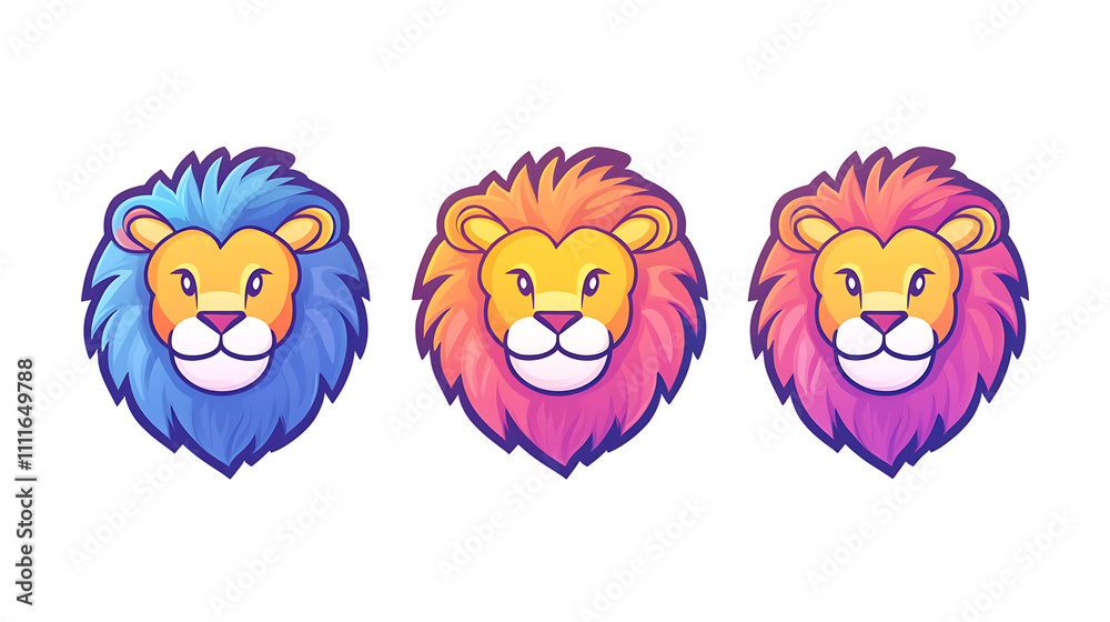 Obraz premium ThreeLion logo for a game app, shows only the animal face as an icon, using colors orange, pink, blue, and purple, isolated on a transparent background