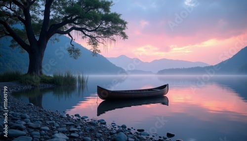Serene lakeside at dawn with vibrant sunrise and reflections