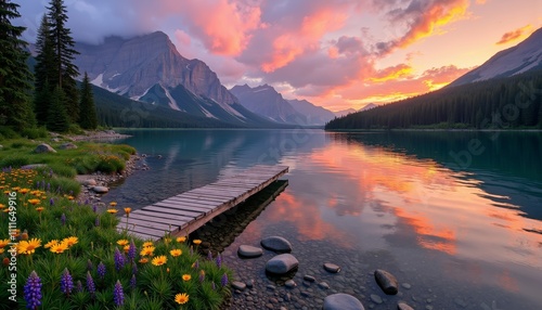 Serene Landscape with Majestic Mountains and Vibrant Sunset Sky
