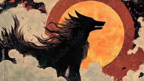 Norse-inspired illustration of Fenrir silhouetted against a fiery solar eclipse.