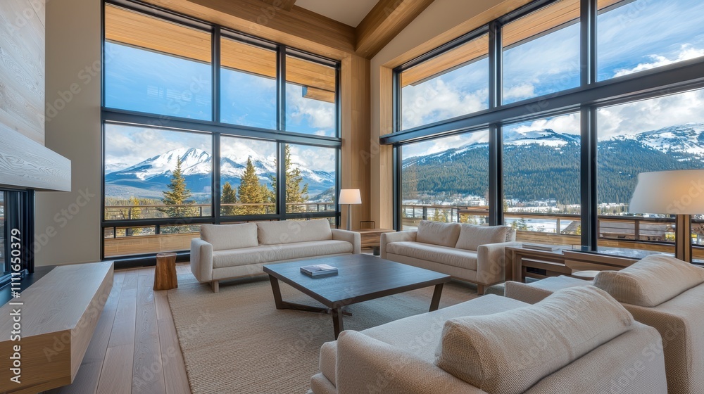 Elegant living room blending natural wood textures modern furniture soft lighting and expansive windows creating a serene inviting space Elegant living room blending natural wood textures modern furniture soft lighting and expansive windows creating a serene inviting space